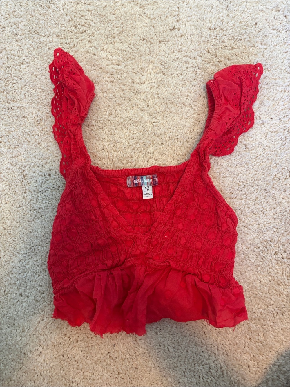 Urban Outfitters Red Eyelet Ruffle Smocked Crop Top